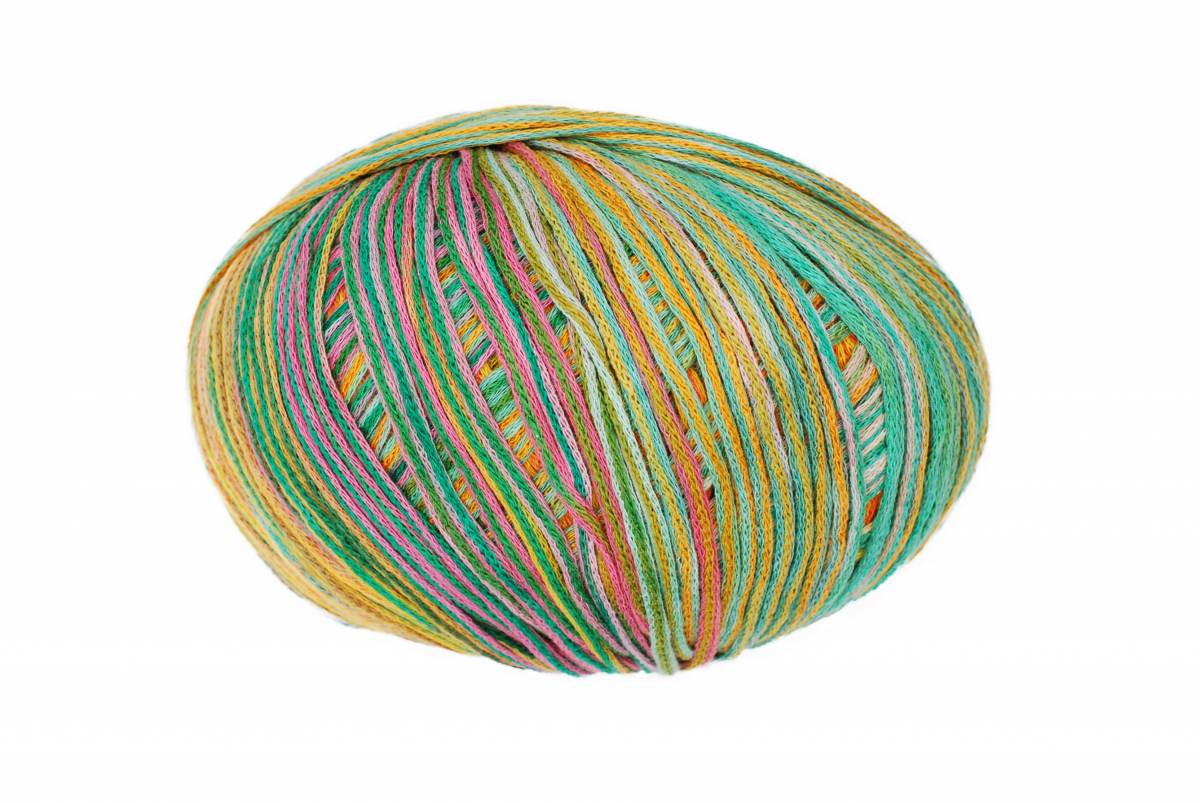 A photo of a pink, green, orange, and blue Cairns yarn