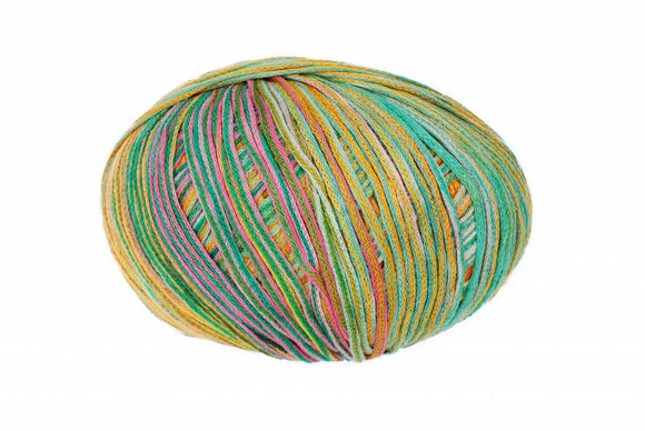 A photo of a pink, green, orange, and blue Cairns yarn