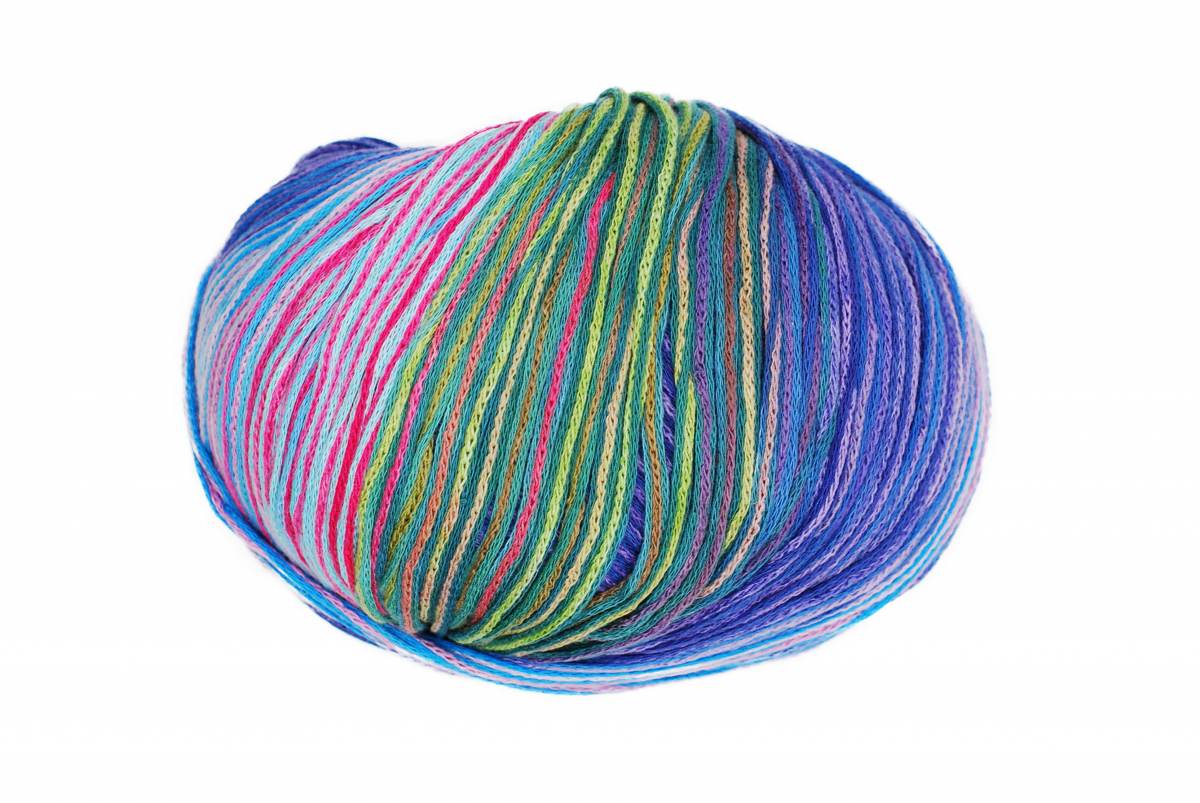 A photo of a pink, blue, and green Cairns yarn