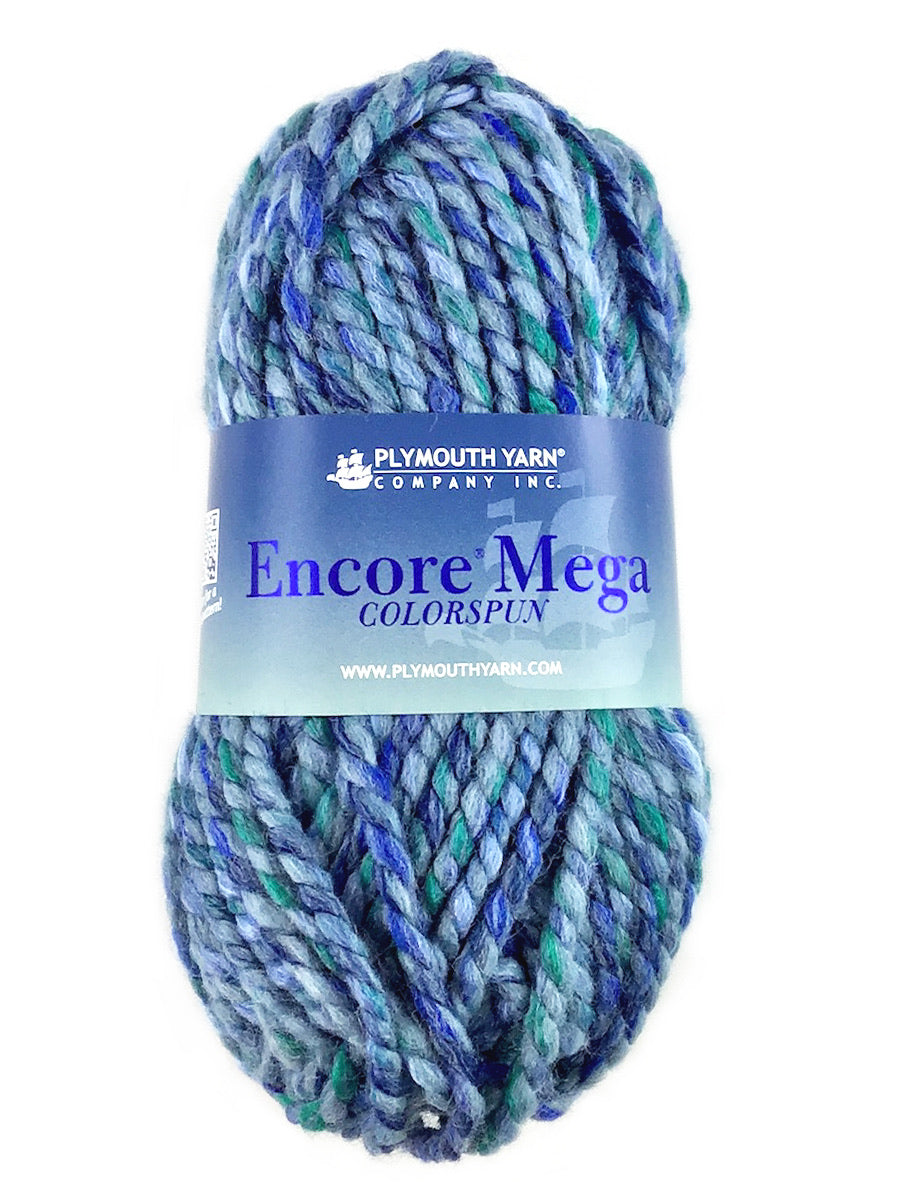 A multi blue skein of Plymouth Yarn Encore Mega Colorspun yarn