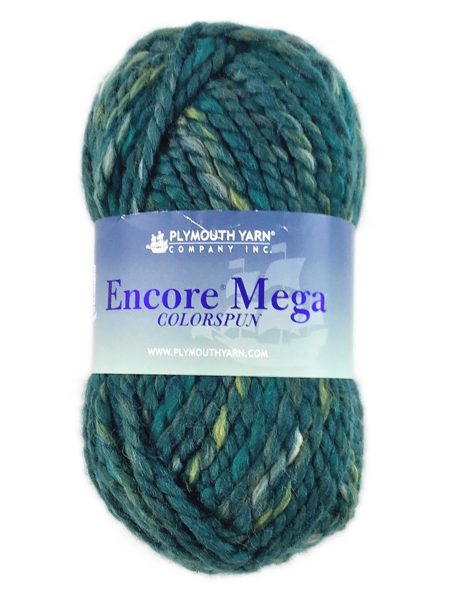 A green mix skein of Plymouth Yarn Encore Mega Colorspun yarn