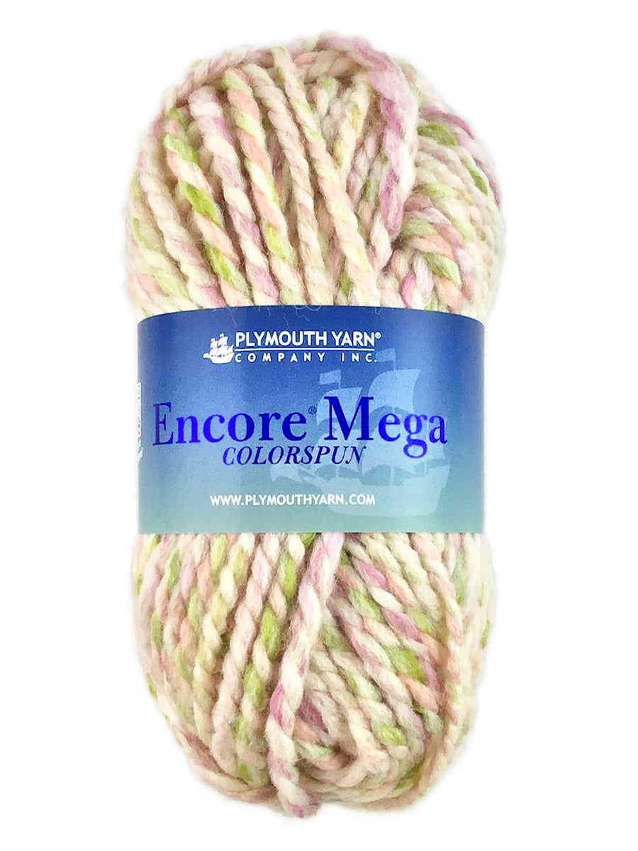 A pink green white skein of Plymouth Yarn Encore Mega Colorspun yarn
