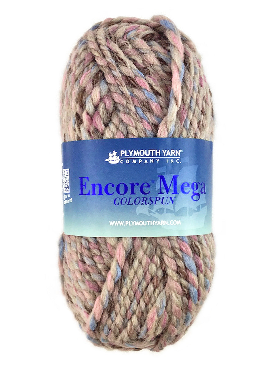 A taupe pink blue skein of Plymouth Yarn Encore Mega Colorspun yarn