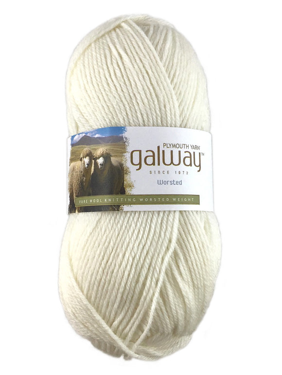 A white skein of Plymouth Galway yarn