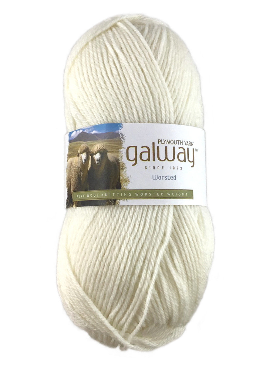 A white skein of Plymouth Galway yarn