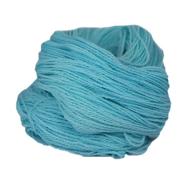 A light blue hank of the Mountain Meadow Wool Saratoga yarn collection