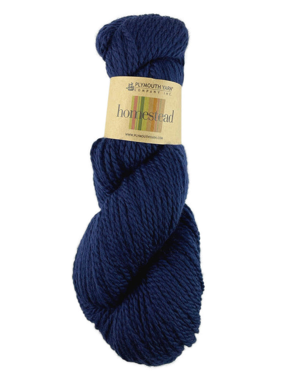 A blue skein of Plymouth Homestead yarn