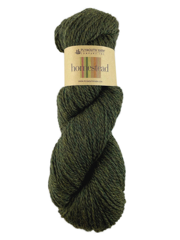 A green skein of Plymouth Homestead yarn