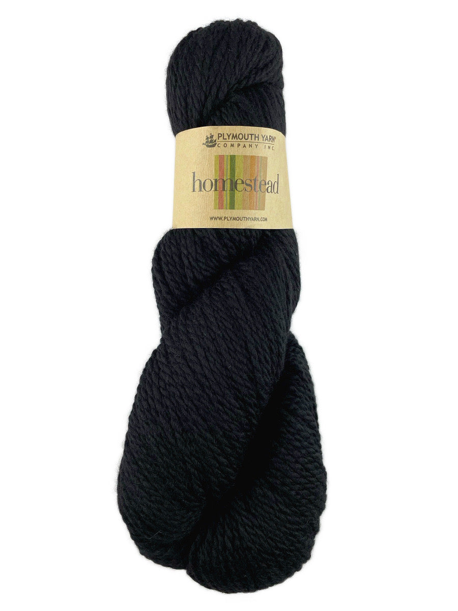 A black skein of Plymouth Homestead yarn