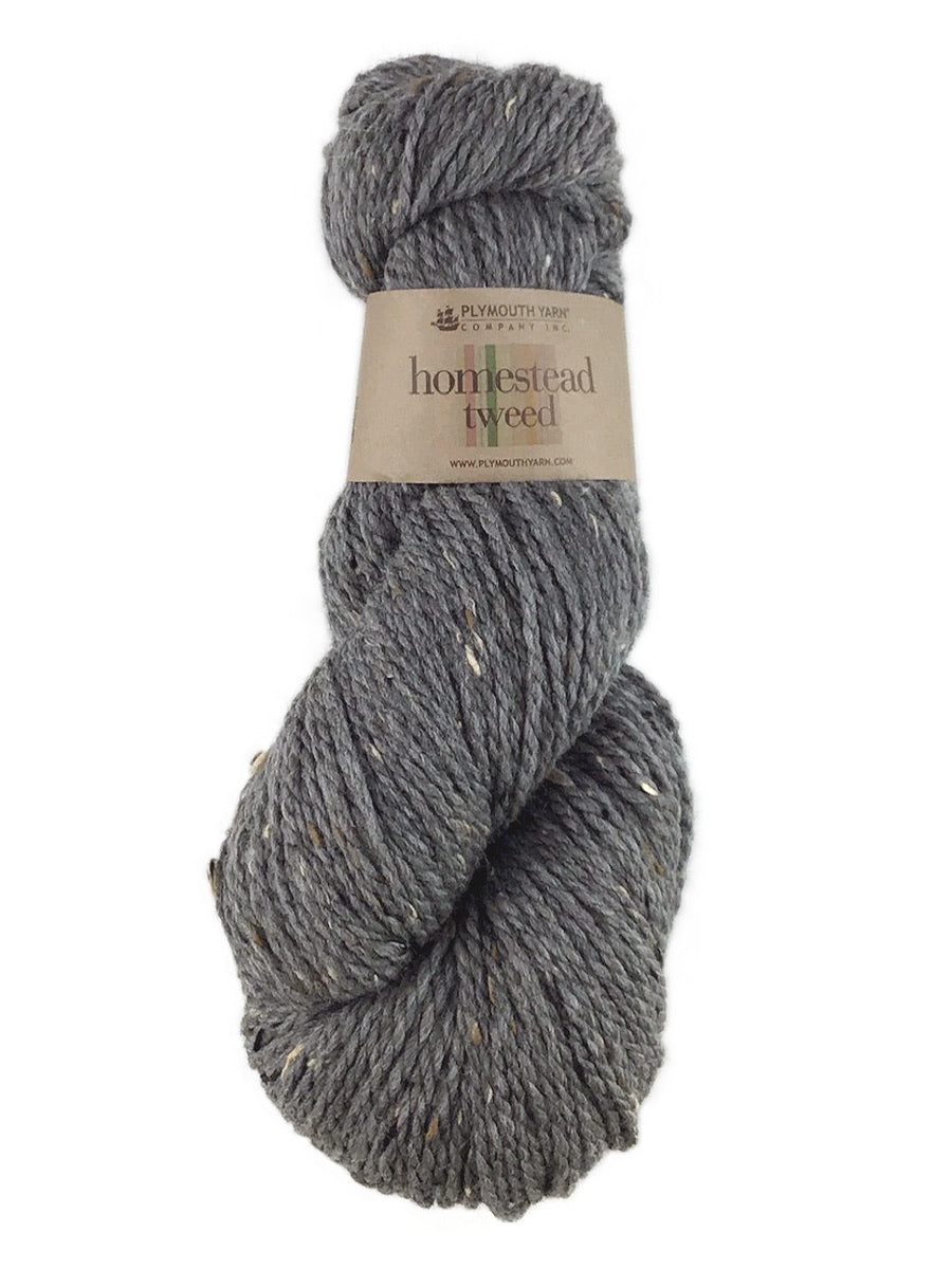 A gray skein of Plymouth Yarn Homestead Tweed yarn