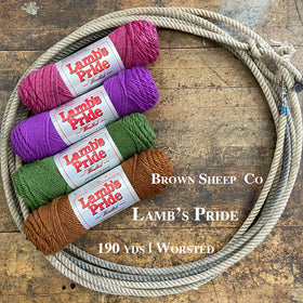Skeins of Brown Sheep Co. Lamb's Pride Yarn on a wooden surface