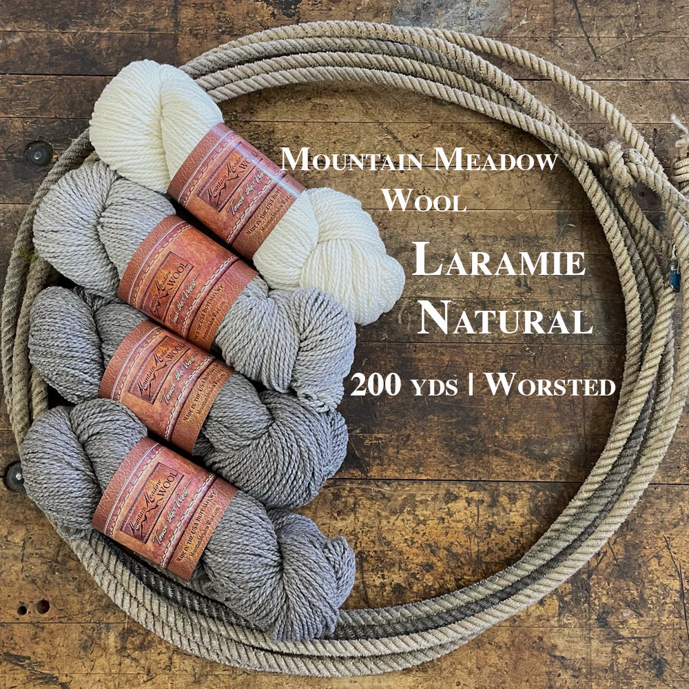 Four natural hanks of Mountain Meadow Wool Laramie collection in a lasso laying on a wooden surface.