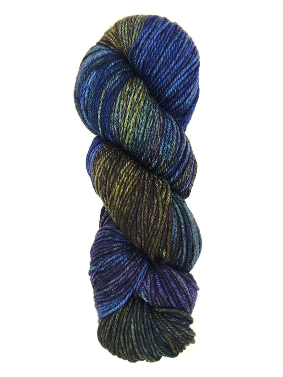 A colorful skein of blue and brown Malabrigo Rios yarn