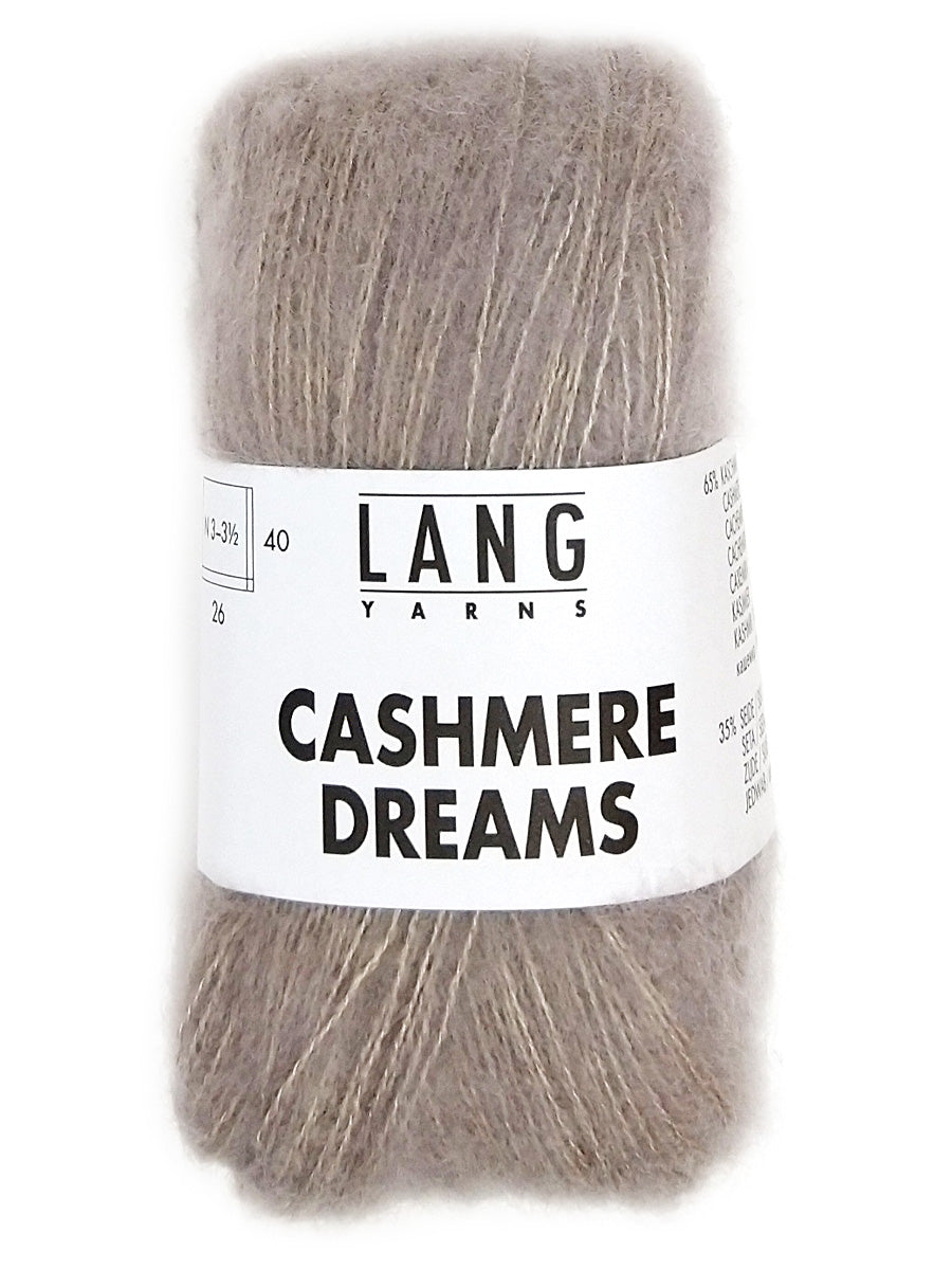 A photo of a gray/brown skein of Lang Cashmere Dreams lace yarn