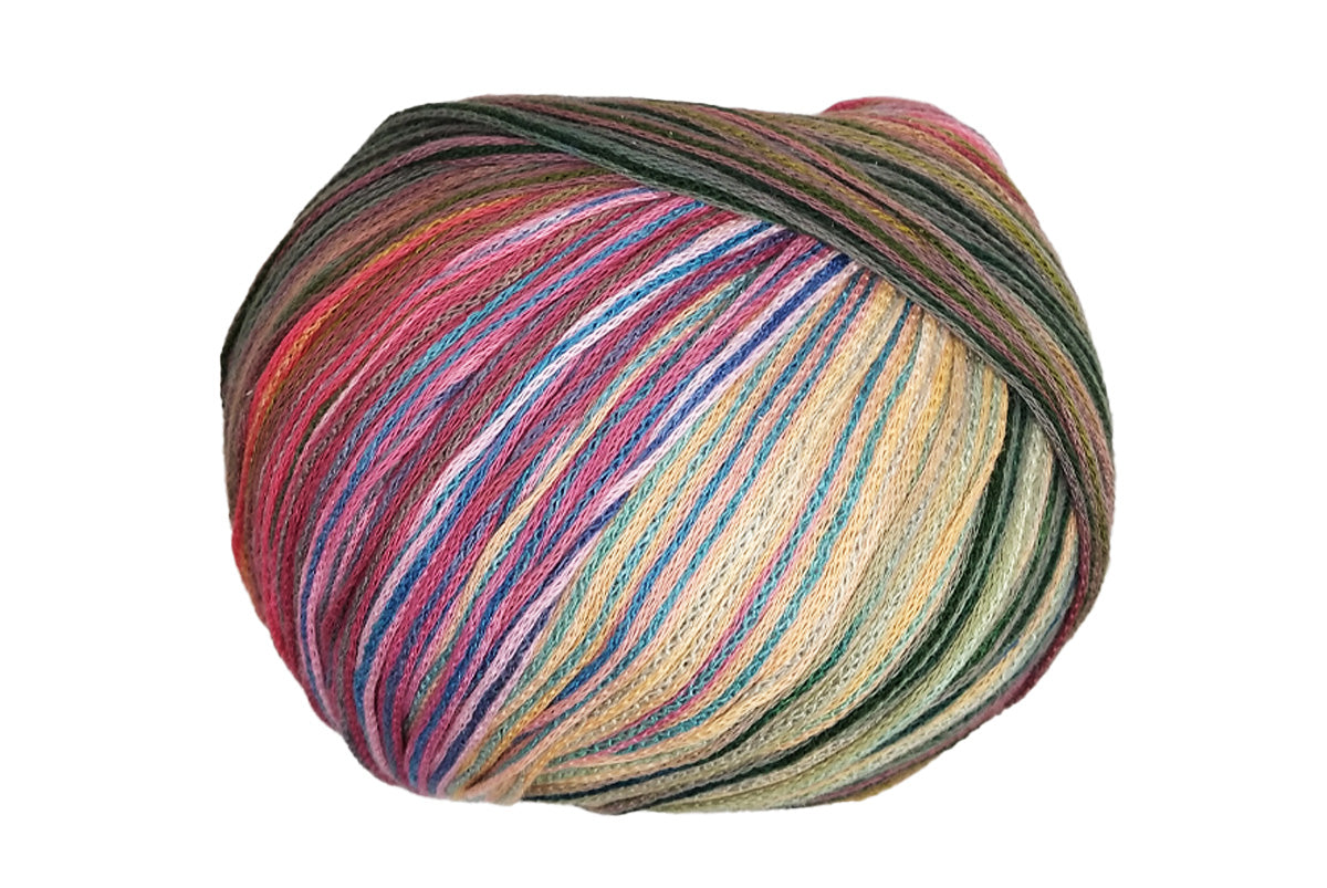 A photo of a pink, blue, beige, and gray Cairns yarn
