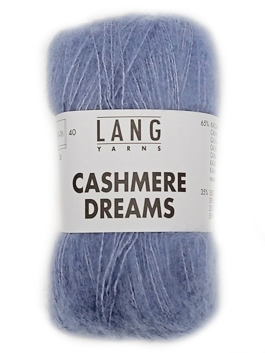 A photo of a light blue skein of Lang Cashmere Dreams lace yarn