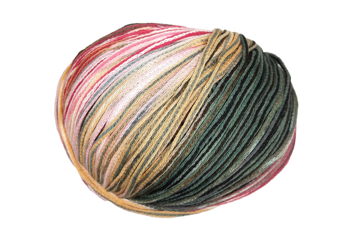 A photo of a pink, yellow, and gray Cairns yarn