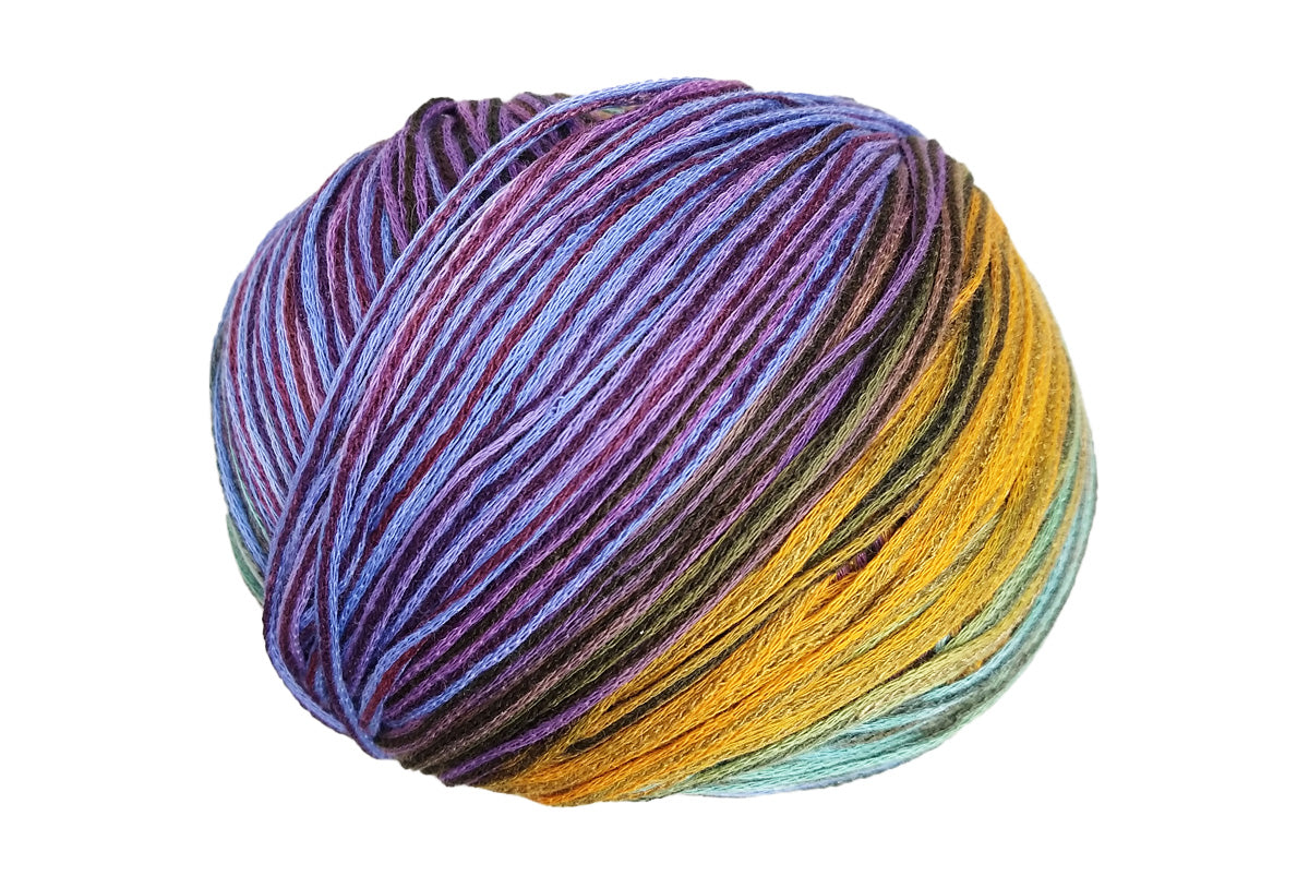 A photo of a purple, yellow, and teal Cairns yarn