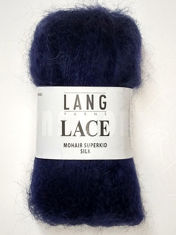 A photo of a Midnight (dark navy blue) skein of Lang Lace yarn.