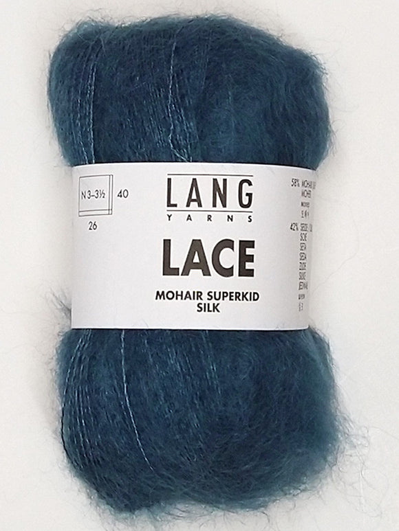 A photo of a storm blue (green-toned blue) skein of Lang Lace yarn.