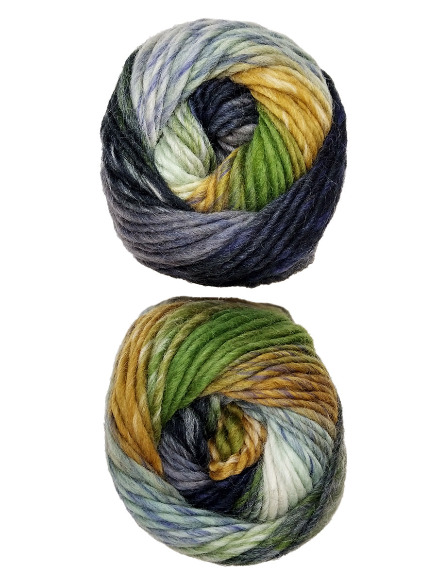 A photo of two green, orange, and gray skeins of Plymouth Gina Chunky