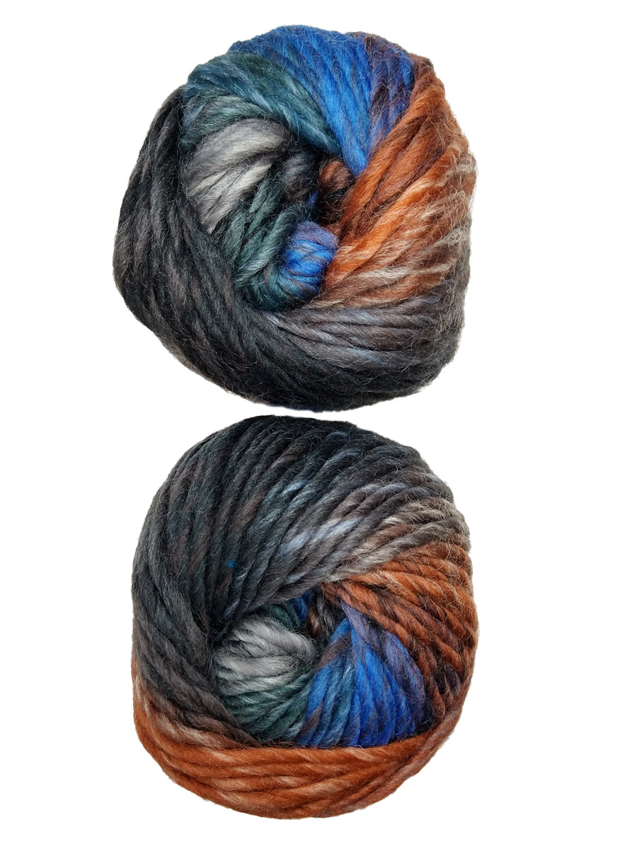 A photo of two pink, blue, and gray skeins of Plymouth Gina Chunky