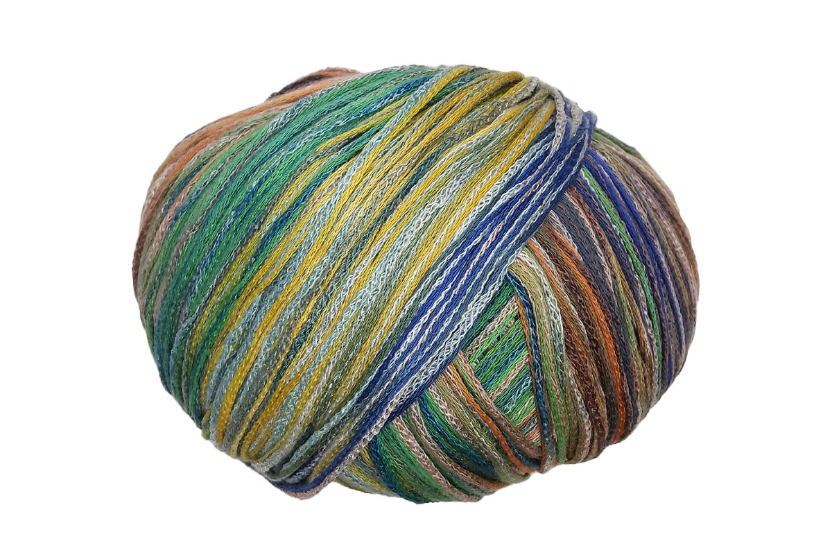 A photo of a colorful ball of Cairns yarn - colorway Kakadu park