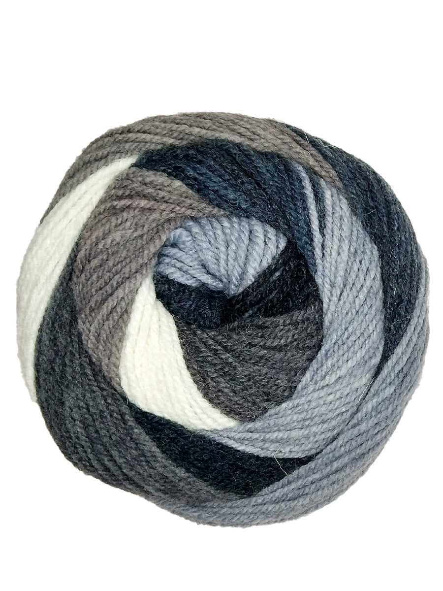 A black, gray, and blue ball of Plymouth Yarns Hot Cakes yarn