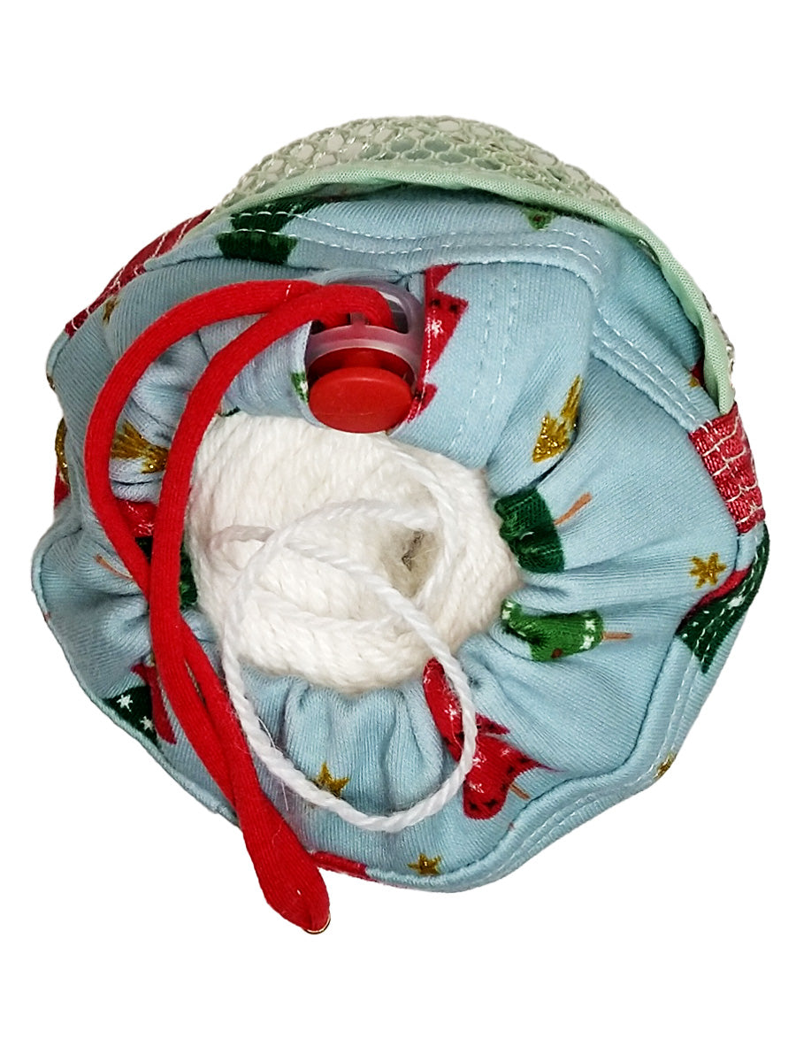 Large Krazy Yarn Kozy, light blue with green and red Christmas Trees, top view