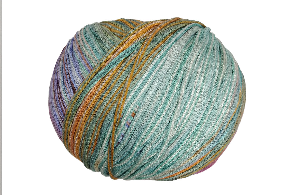 A photo of a purple, teal, and ornage Cairns yarn