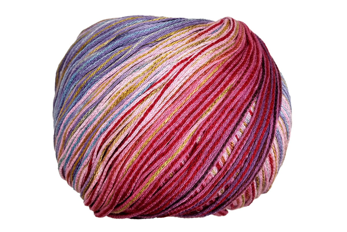 A photo of a pink purple and yellow  Cairns yarn