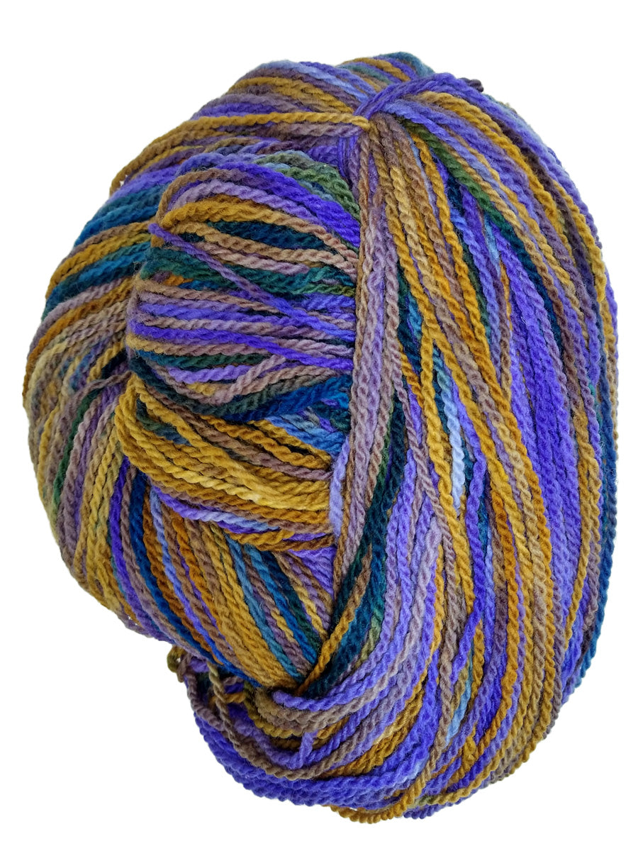 A photo of a gold, blue, purple, and green hank of hand-spun yarn