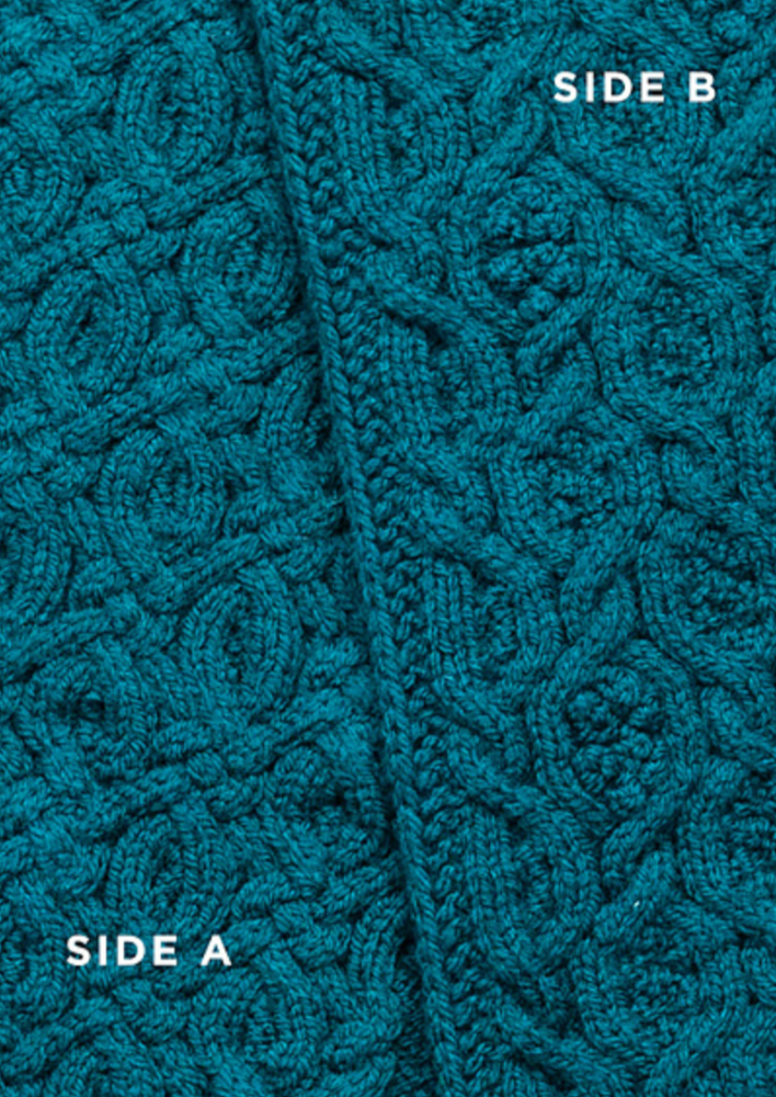 A close up of a knitted cabled scarf