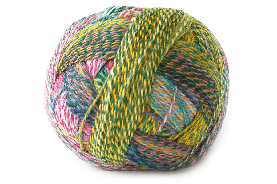 Schoppel Wolle Crazy Zauberball yarn color blue, red, and tan, yellow, and green
