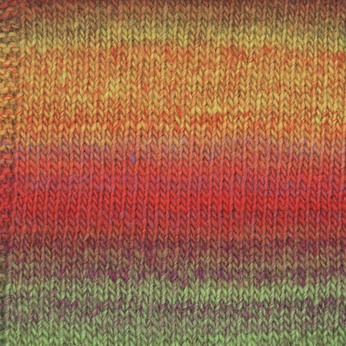 A photo of a green, red, and yellow yarn sample