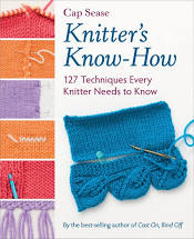 Knitter's Know-How, 6 knitted blocks, blues swatch with leafy edge