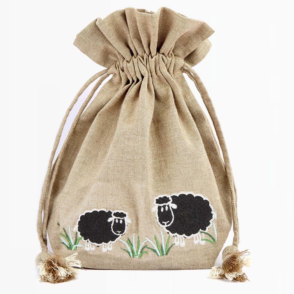 Lantern Moon Meadow Drawstring Bag color natural canvas black sheep
