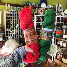A hand holding two skeins of yarn