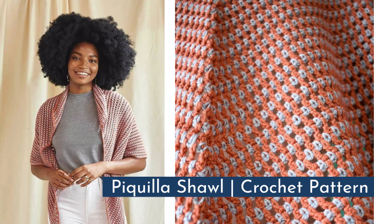Woman wearing the piquilla shawl with a close up of the shawl