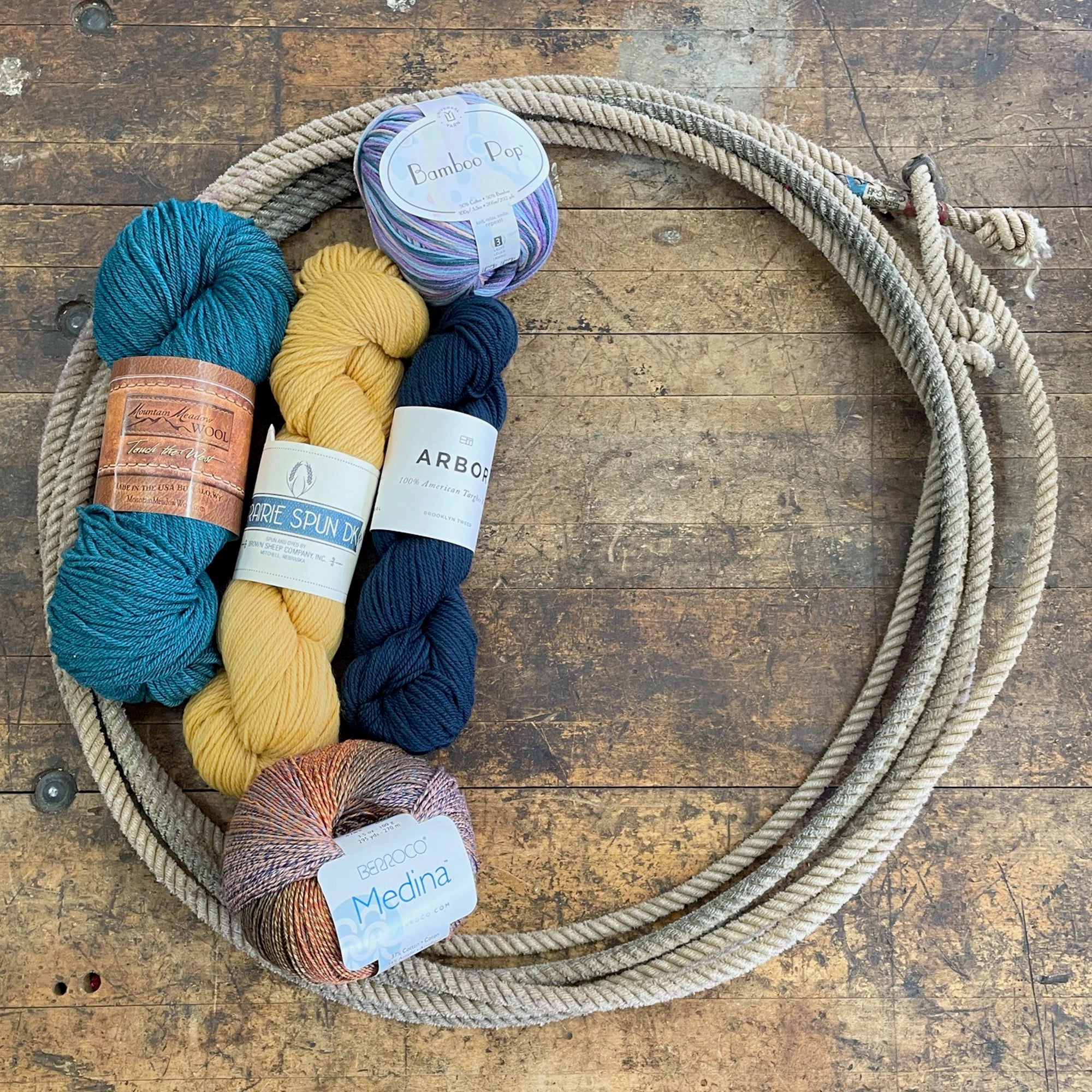 A lariat filled with DK weight yarn
