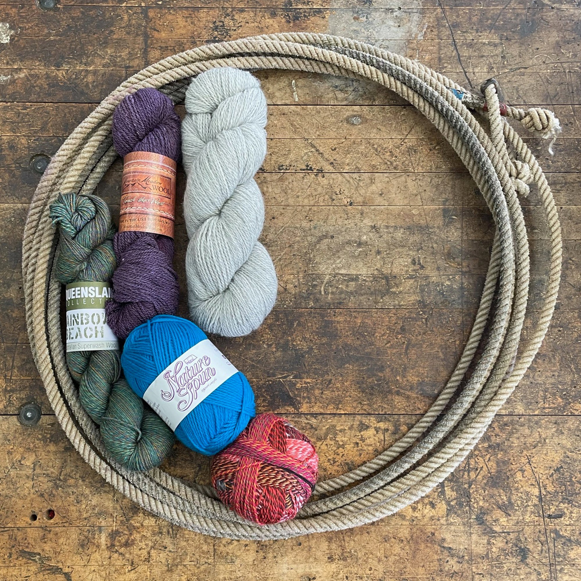 A lariat filled with sport weight yarn
