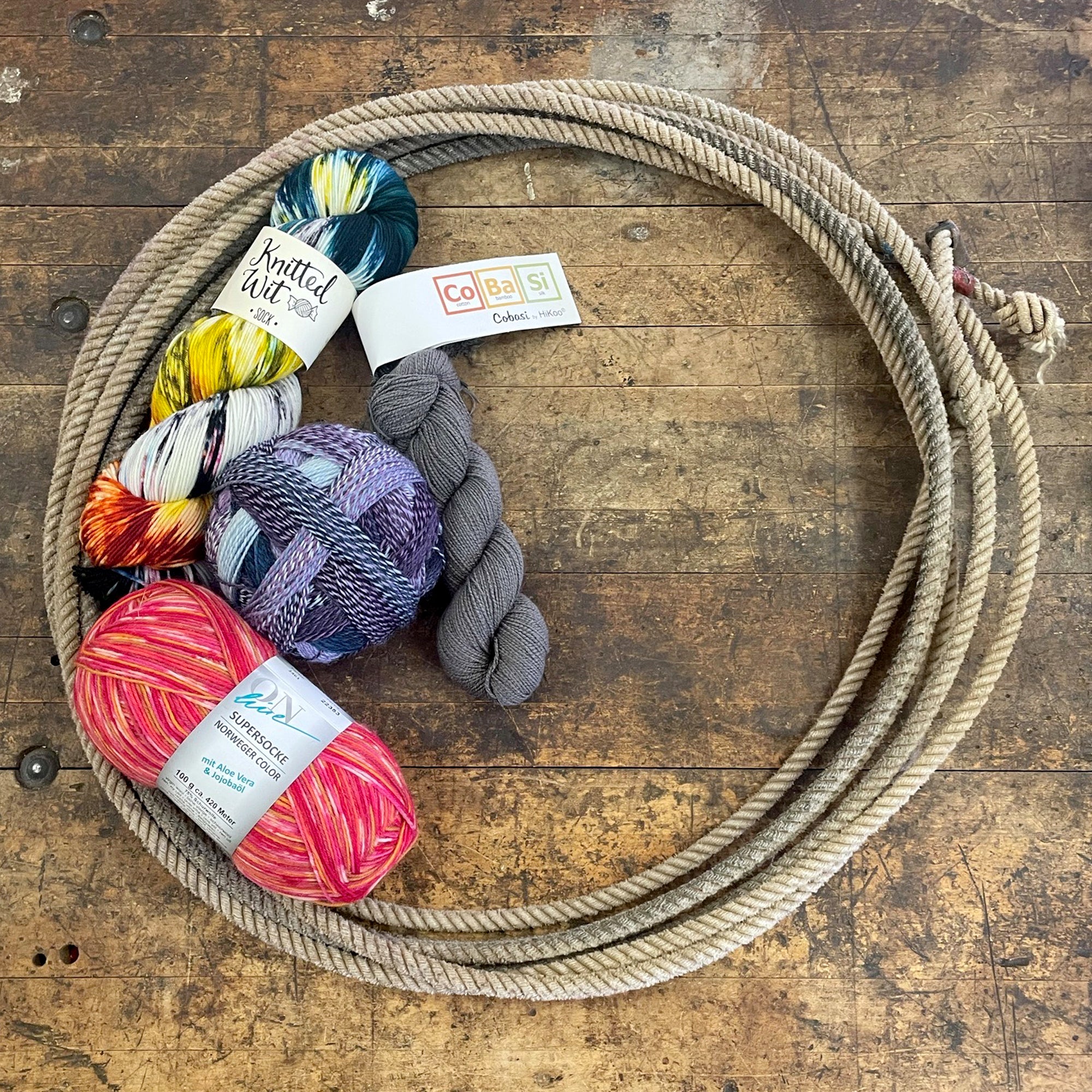 A lariat filled with sock weight yarn