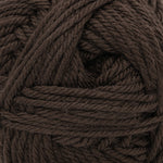 A close-up of dark brown yarn strands wound together, showing the texture and color of the fiber.