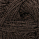 A close-up of dark brown yarn strands wound together, showing the texture and color of the fiber.