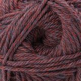 A close-up of twisted yarn strands in a heathered marled colorway of dark red, burgundy, and charcoal gray.