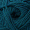 A close-up of dark teal blue yarn wound into a spiral, showing the twisted plies and heathered texture of the fiber.
