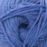 A close-up of twisted yarn in a heathered periwinkle blue and lavender-purple colorway.