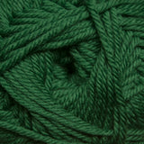 A close-up of dark forest green yarn, showing the twisted plies and soft texture of the fiber.