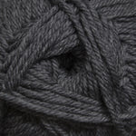 A close-up of dark gray plied yarn, showing the texture and color of the wool fibers.