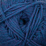 A close-up of a ball of twisted yarn in a heathered periwinkle blue and purple colorway.